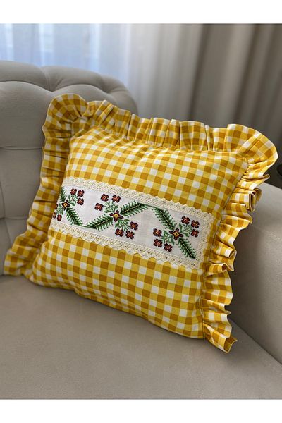 Parla Life Husă de pernă cu volane cu punct în cruce de in galben Gingham (se face la dimensiune și culoare personalizate)