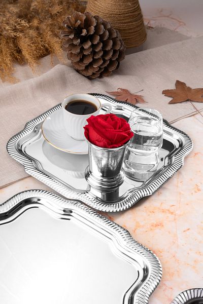 Aslı Hediyelik 3-Piece Luxury Edge Line Patterned Silver Daisy Model Stainless Steel Serving, Tea, Coffee Presentation Tray