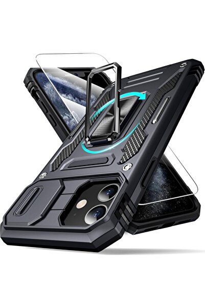 Rivor Apple iPhone 11 Uyumlu Kılıf Kamera Sürgülü Standlı Yüzüklü Darbe Emici...