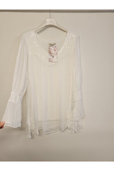 della moor White Italian Collar Sequin Silk Blended Blouse