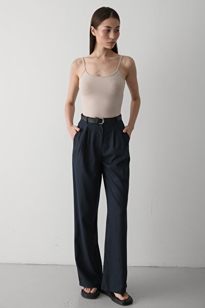 Laluvia Navy Blue Idol Belted Trousers - 3510