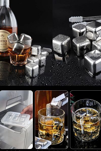 STLIFE 4-Piece Cube Stainless Steel Ice Mold Whiskey Cooling Stone Drink Alcohol Boyfriend Gift