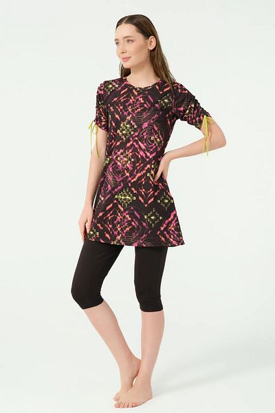 Bordomix 25775 Women's Black Patterned Adjustable Short Sleeve Leggings Swimsuit