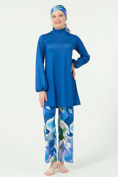 Bordomix 25645 Women's Stylish Hijab Swimsuit with Persian Blue Trousers Pattern