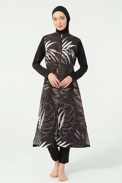 Bordomix 25535 Women's Black Brown Shiny Floral Patterned Long Hijab Swimsuit