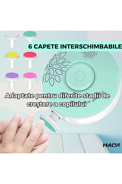 MACVI Set Pila Unghii Electric Macvi® pentru Copii si Bebelusi, 6 Capete, Silentios, Compact, Turcoaz