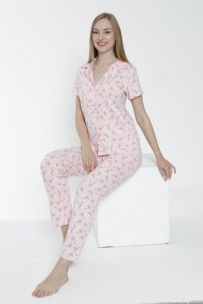 JENİKA Women's Summer Short Sleeve Shirt Collar Print Cotton Pajamas Set