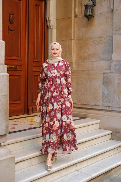 LOCCO Women's Rose Patterned Dress Claret Red