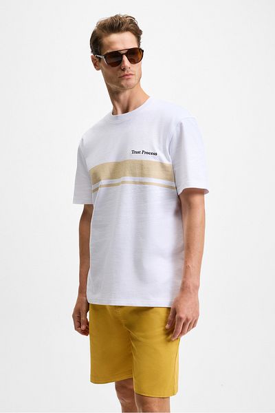 GRIMELANGE Lamıne Men's Print and Embroidery Detailed 100% Organic Cotton Crew Neck Regular Fit White T-Shirt
