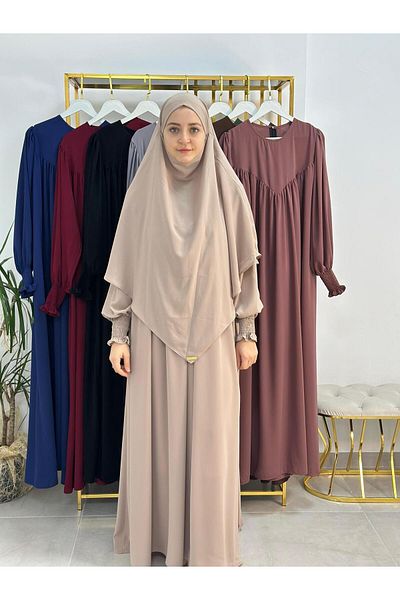 R&S modibone Hijab Front V Model Gathered Dress, Soufflé Scarf Suit, Abaya Hijab Beige Color