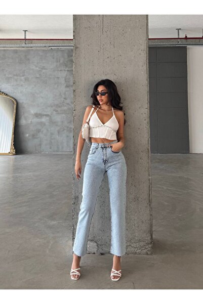 Butik ÖNÜ TAŞ YÜKSEK BEL KESİK PAÇA KOT PANTOLON