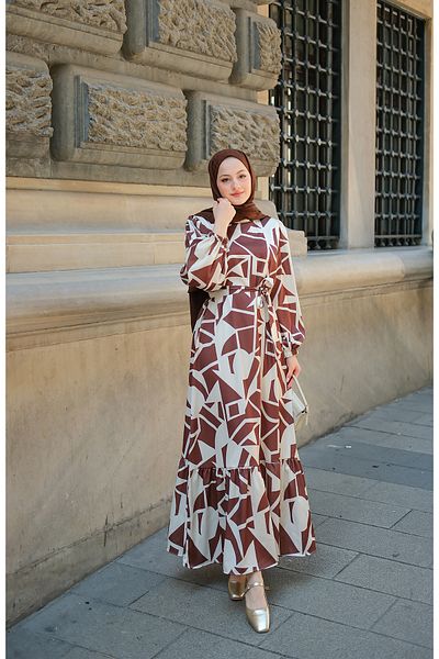 LOCCO Women's Geometric Pattern Satin Dress Brown