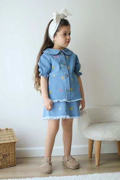 Ege Bebek Girl's Skirt with Heart Embroidered Collar Detail Denim Suit Summer Vacation 3-10 Years Old Stylish Girl's Suit