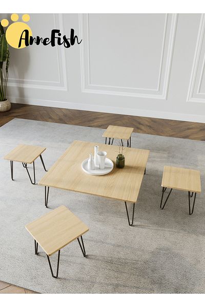 AnneFish 5pcs Floor Coffee Table Set Low Square Home Nesting Friends Gathering Table Set Of 5 Side Table