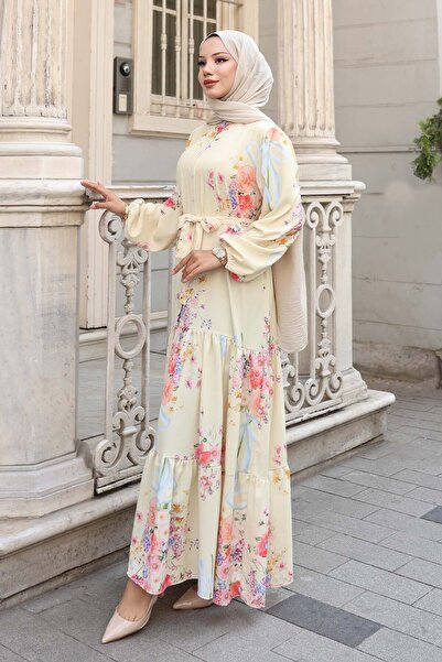 benguen Desenli Tesettür Elbise Limon Sarısı 513