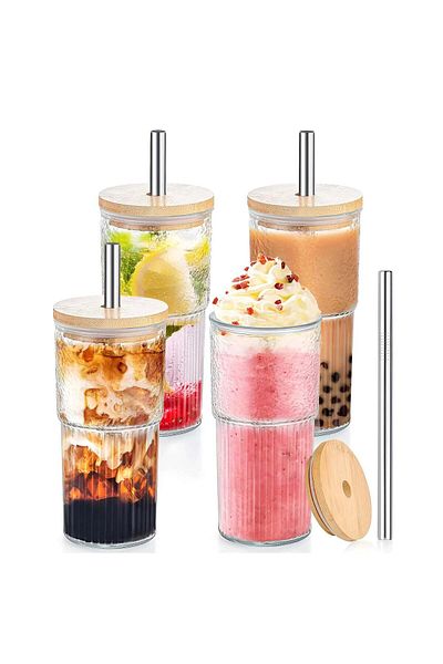 Köken Koken Set of 4 Glasses, Bamboo Lids and Stainless Steel Straws, Resistant to High/Low Temp, 500 ml