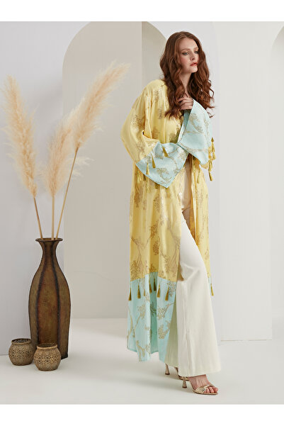 Store Wf Gold Mint Jacquard Tassel Detailed Abaya