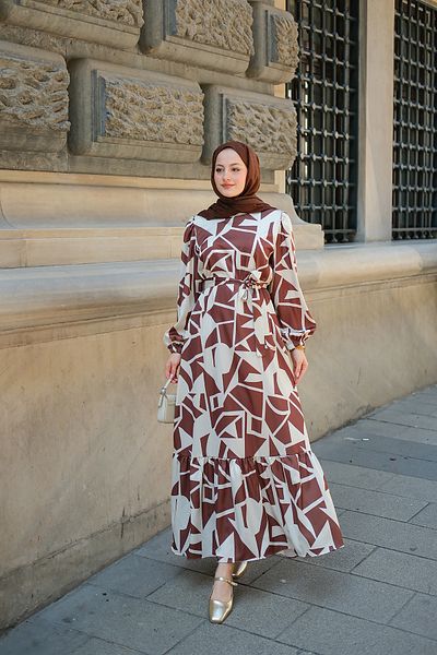 LOCCO Women's Geometric Pattern Satin Dress Brown