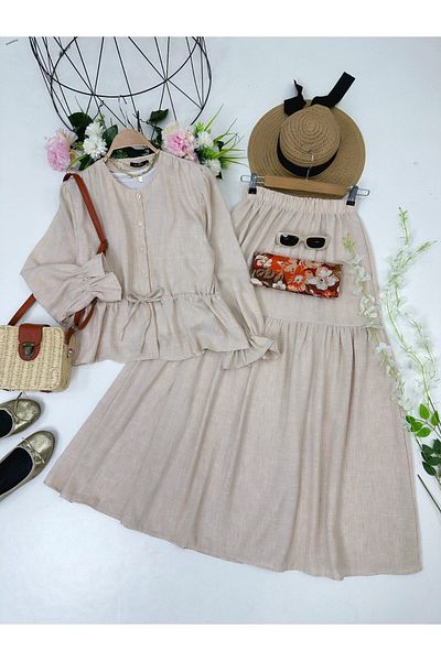 YEDİLALE Bamboo Summer Long Sleeve Skirt Blusher Suit [Blouse and Skirt Included in Price]