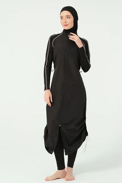 Bordomix 25520 Women's Black Piping Detailed Long Skirt Adjustable Hijab Swimsuit