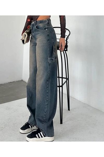 Shield Life With Tint Spray Double Belt Side Epaulet Wide Leg Baggy Women's Summer Pants High Waist Summer Jeans