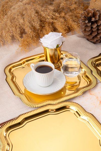 Aslı Hediyelik 6-Piece Luxury Edge Line Patterned Gold Daisy Model Stainless Steel Serving, Tea, Coffee Presentation Tray