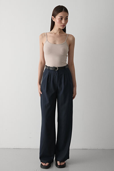 Laluvia Navy Blue Idol Belted Trousers - 3510