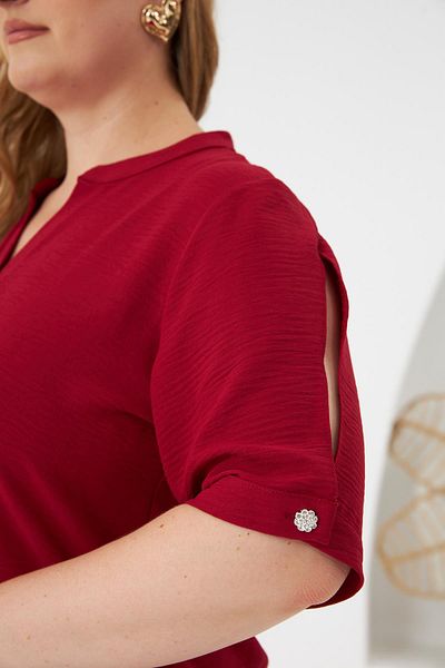 RMG Large Size Blouse with Sleeve Slit Detail Claret Red