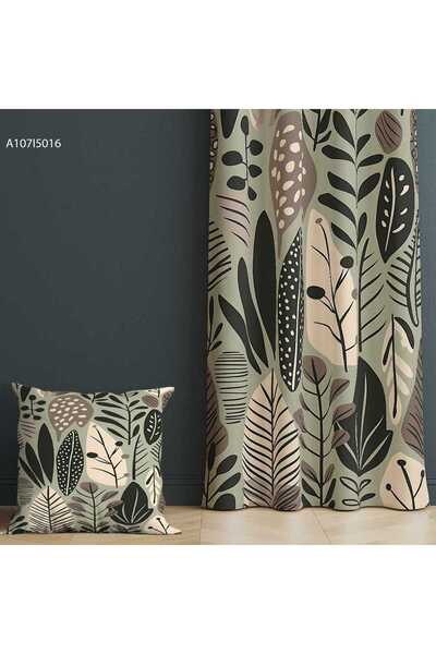 A2ZTR Wild Leaves Tropical Desenli Fon Perde (Tek KANAT) + Kırlent Kılıfı