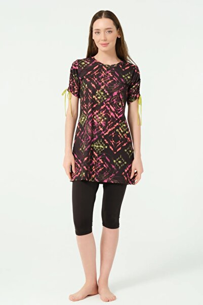 Bordomix 25775 Women's Black Patterned Adjustable Short Sleeve Leggings Swimsuit