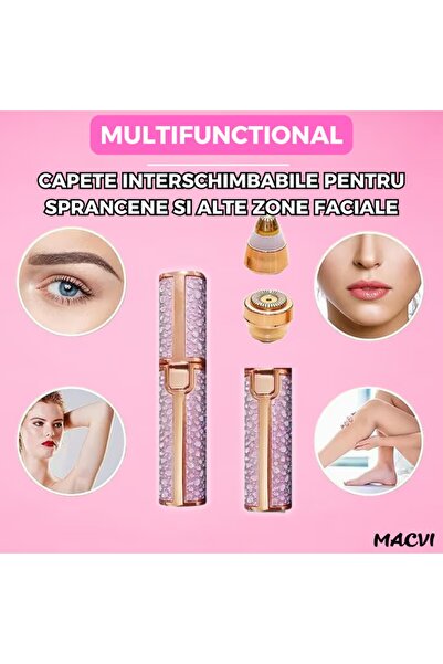 MACVI Epilator Facial 2 in 1 Macvi®, Portabil cu LED, USB, Cap Sprancene si Epilare Faciala, Roz