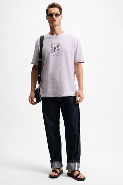 GRIMELANGE Dapperly Men's Front Print and Embroidery Detailed Organic Cotton Crew Neck Regular Fit Lilac T-Shirt