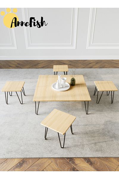 AnneFish 5pcs Floor Coffee Table Set Low Square Home Nesting Friends Gathering Table Set Of 5 Side Table