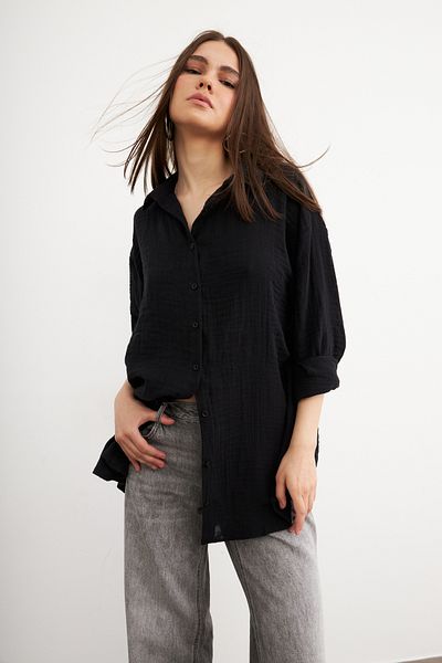 Bipantolon Cămașă de muselină de bază neagră oversize pentru femei