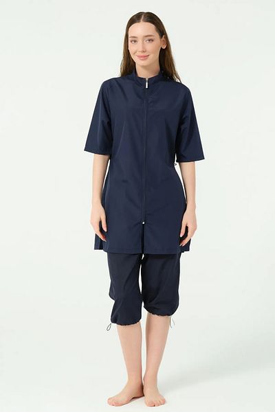 Bordomix 25740 Women's Navy Blue Zipper Closure Short Sleeve Semi-Covered Swimsuit