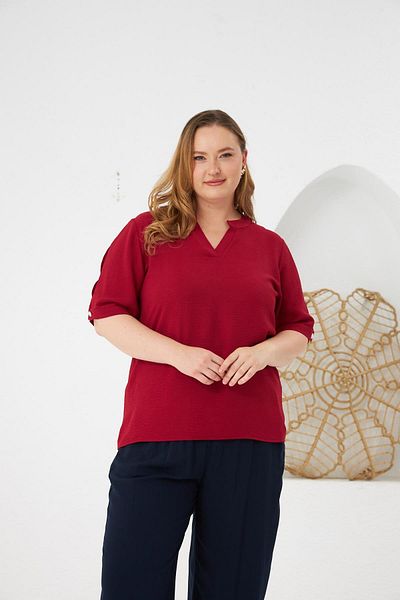 RMG Large Size Blouse with Sleeve Slit Detail Claret Red