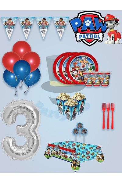 PartyPoo Σετ γενεθλίων Paw Patrol για 8 άτομα - Σετ στολισμού με μπαλόνι, στολίδια, διακόσμηση και προμήθειες για πάρτι
