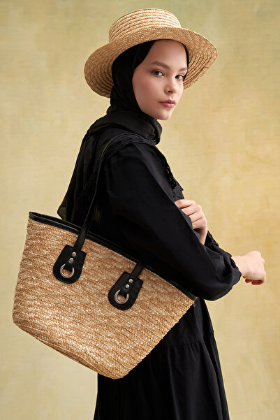 carell Straw Shoulder Bag with Knitted Detail
