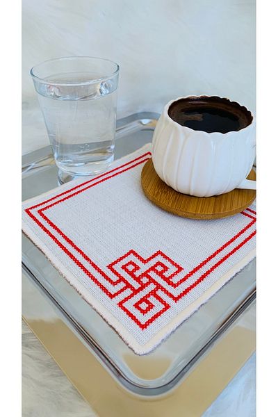 Mora Tekstil Cross Stitch Embroidered Presentation Napkin, Cocktail Napkin Coffee Side Presentation Holder Embroidered Coffee Side 6 Pieces of Fabric