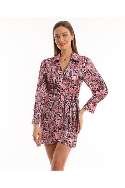 Miss Allos Women's Patterned Tie Belted Shirt Dress