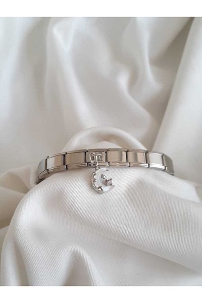 bijoux uniques Italian Charm Bracelet with Steel Moon Figure