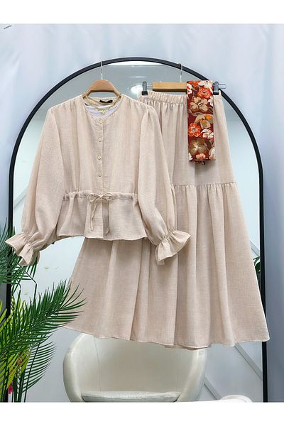 YEDİLALE Bamboo Summer Long Sleeve Skirt Blusher Suit [Blouse and Skirt Included in Price]
