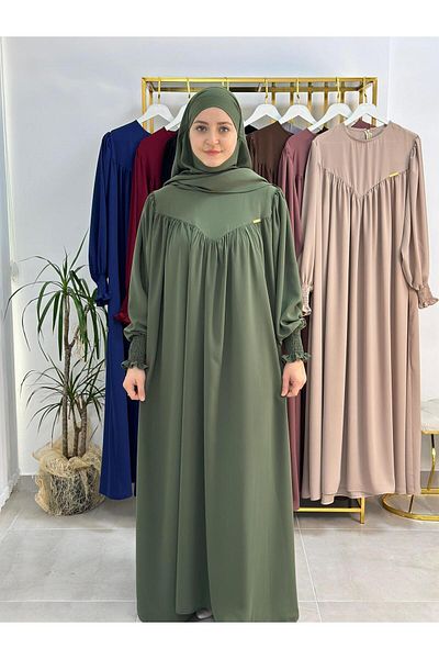 R&S modibone Hijab Front V Model Gathered Dress, Soufflé Scarf Suit, Abaya Hijab Green
