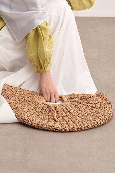 carell Knitted Detail Straw Bag Camel