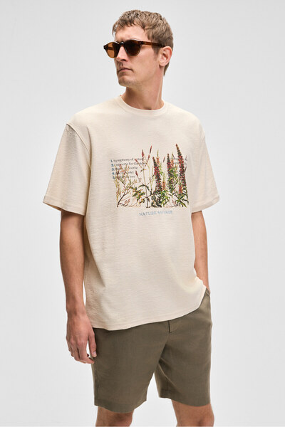 GRIMELANGE PLANTASIA Erkek %100 Organik Pamuk Baskı ve Nakış Detaylı Kısa Kollu Vanilya T-Shirt
