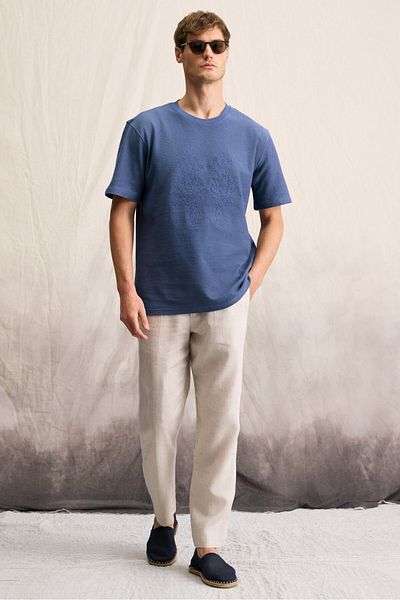GRIMELANGE Nelido Men's Embroidery Detail 100% Organic Cotton Crew Neck Short Sleeve Regular Fit Indigo T-Shirt