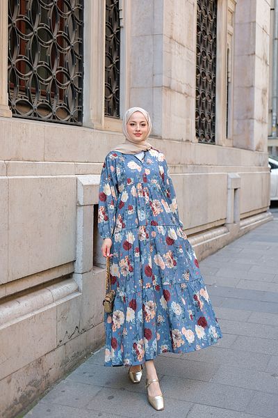 LOCCO Rochie de damă cu model trandafiri albastră