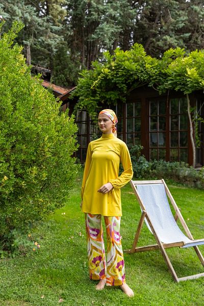 Bordomix 25645 Women's Yellow Trousers Patterned Stylish Hijab Swimsuit