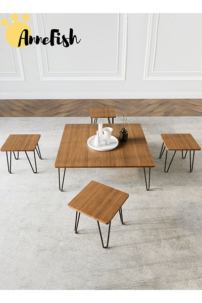 AnneFish 5pcs Floor Coffee Table Set Low Square Home Nesting Friends Gathering Table Set Of 5 Side Table