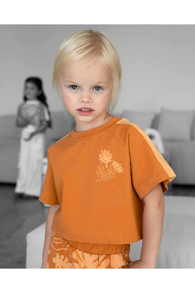 Magu Girl’S Cotton Orange Hand Print Patterned Set - Short Sleeve Crop T-Shirt and Wide Leg Pants